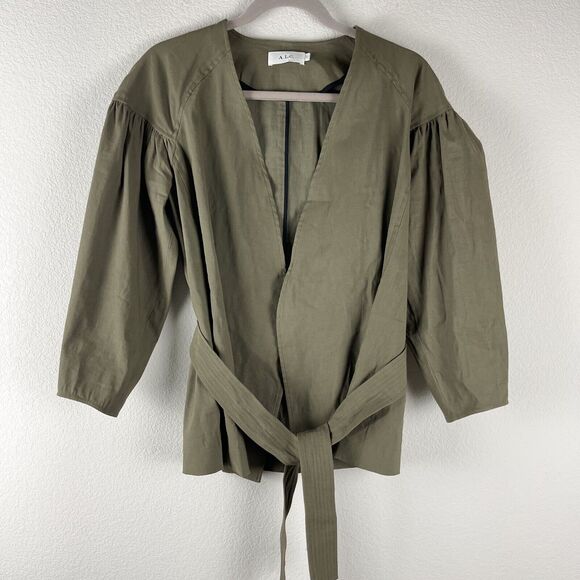 ALC Kendrick Blazer Jacket Womens 4 Green Belted Puff Sleeve Linen Blend Minimal - Picture 2 of 16